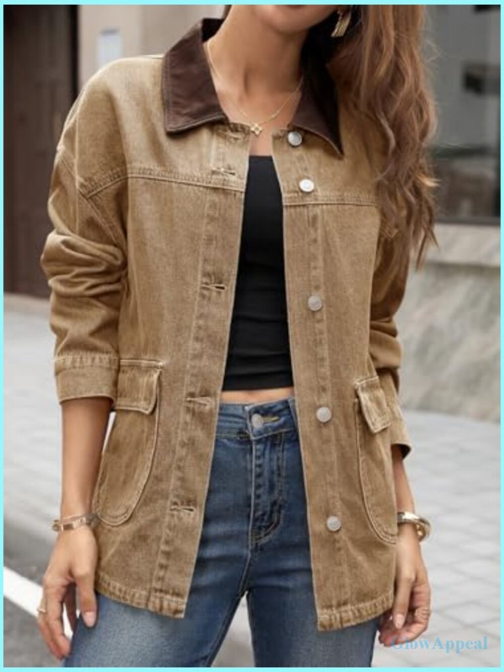 Oversized Denim Jacket Contrast Canvas Collar Button Down with Pockets - Picture 3 of 6